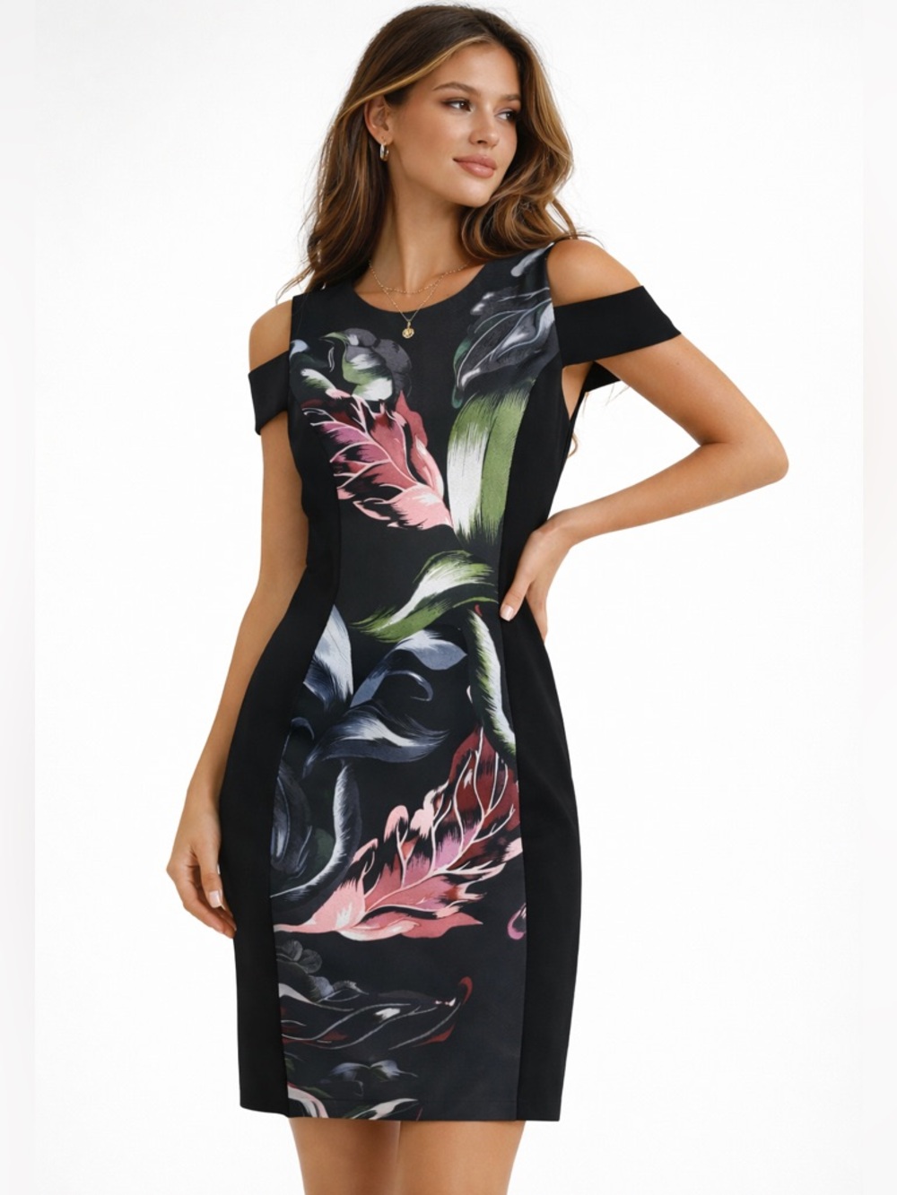 Ted Baker Eden Cold Shoulder Dress Size 1 Black Floral Sheath Elegant Chic